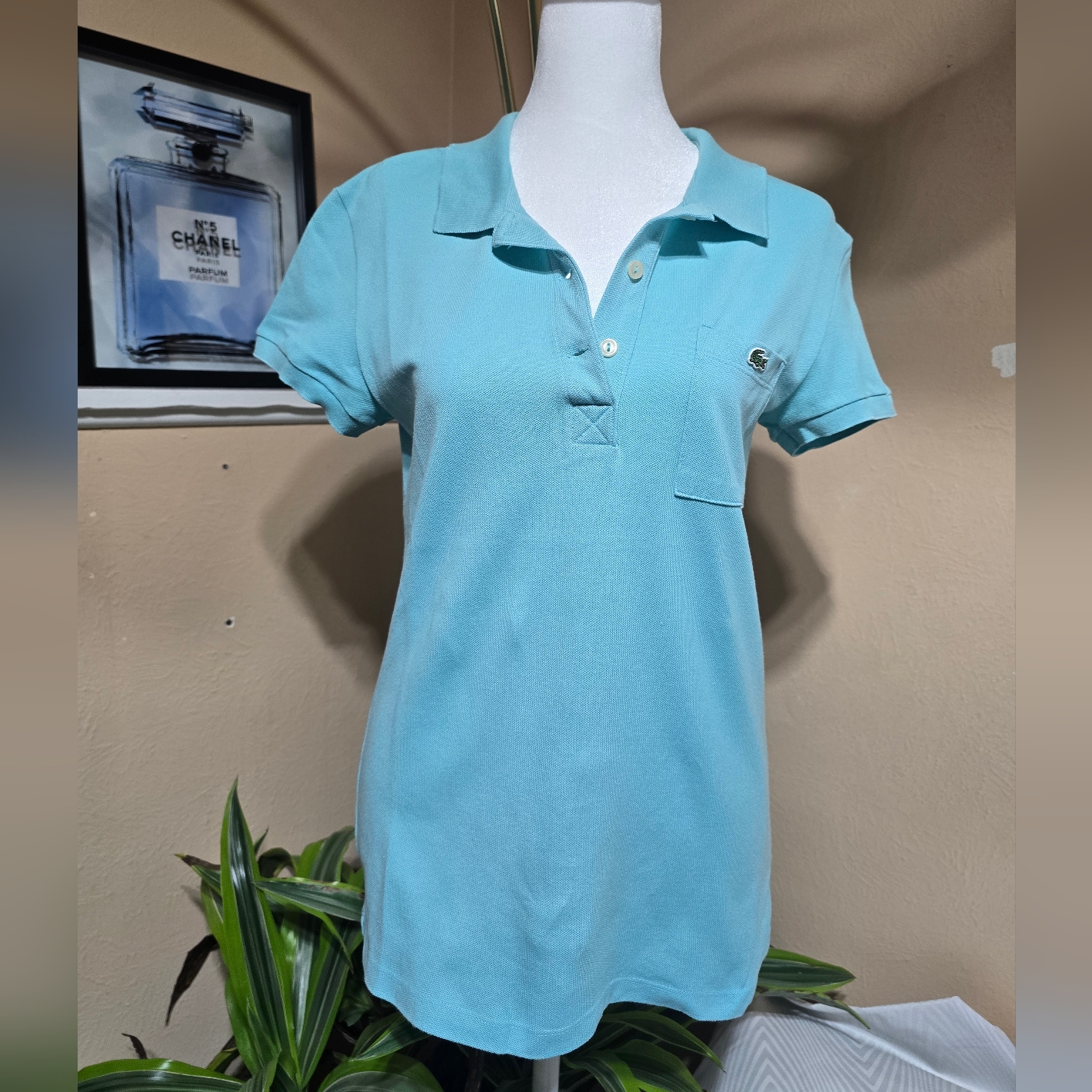 Lacoste Women's Collar Tee. Light Blue. Size 36